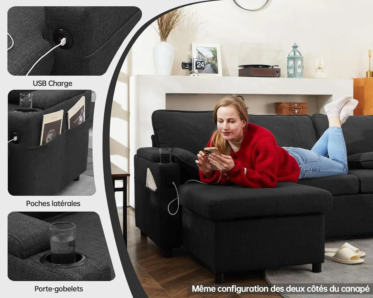 DURASPACE Canapé d'angle - détail ports USB intégrés et poches latérales