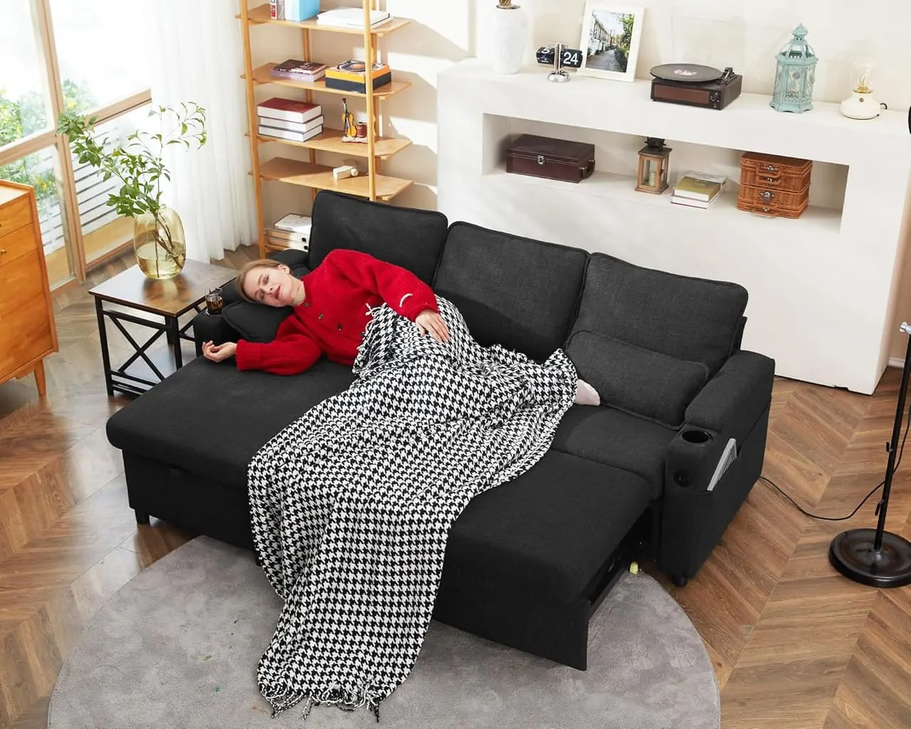 DURASPACE Canapé d'angle en mode couchage 206x131cm - tissu lin noir confortable