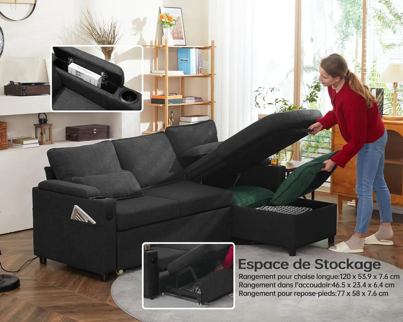 DURASPACE Canapé d'angle - 3 compartiments de rangement cachés sous les sièges et chaise longue