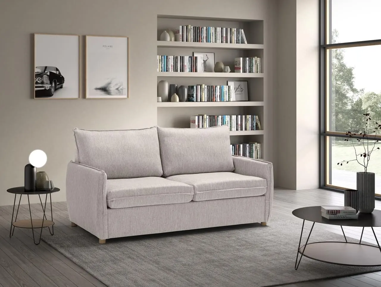 EVERGREENWEB Canapé-Lit Convertible GRACE - vue principale tissu beige coussins amovibles