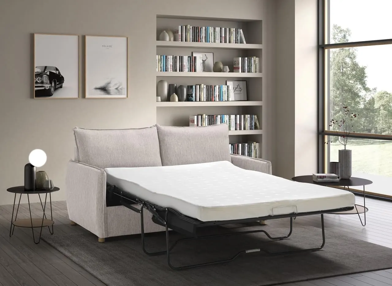 EVERGREENWEB GRACE - lifestyle dans salon moderne avec bibliothèque mode lit déplié