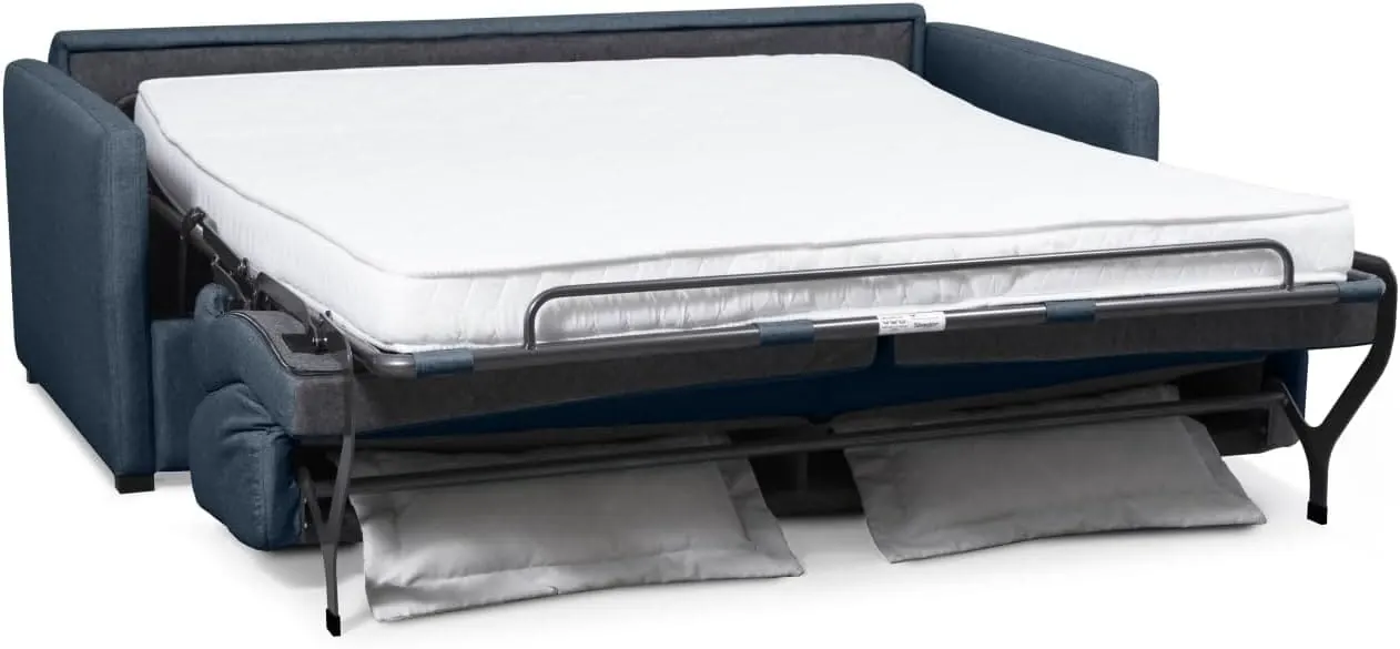 LOUNGITUDE Express bleu complètement déplié en mode lit 140x190cm - matelas 13cm visible