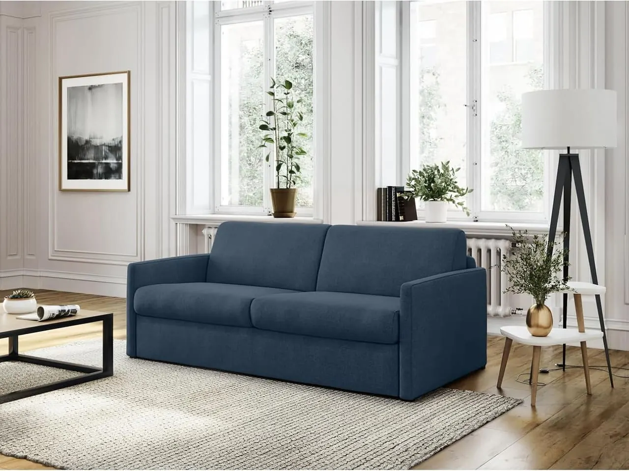 Canapé convertible LOUNGITUDE Express 140cm bleu foncé dans un salon moderne - système couchage rapide 3 places