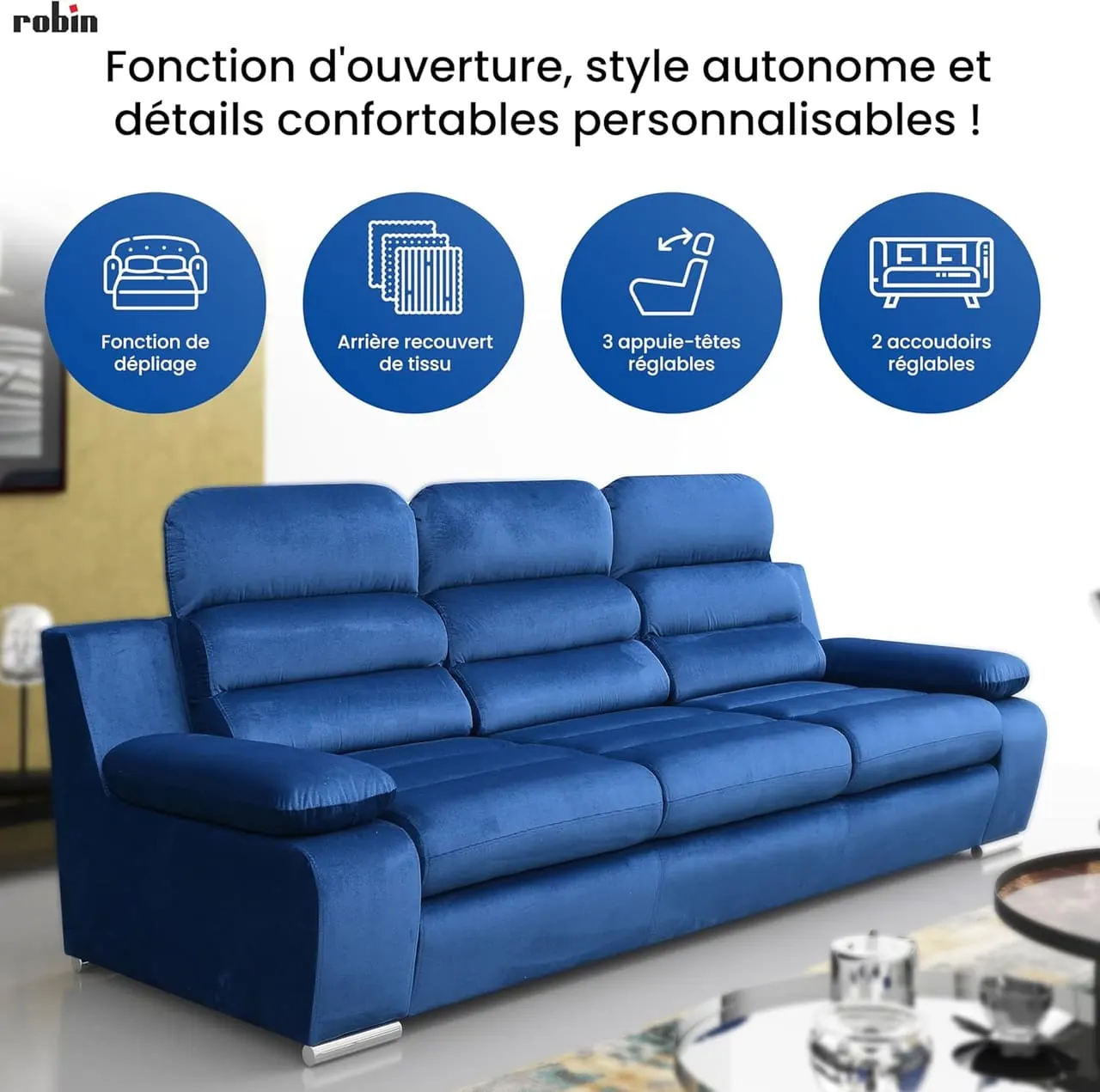 Robin Amber bleu fonctions personnalisables appuie-têtes accoudoirs
