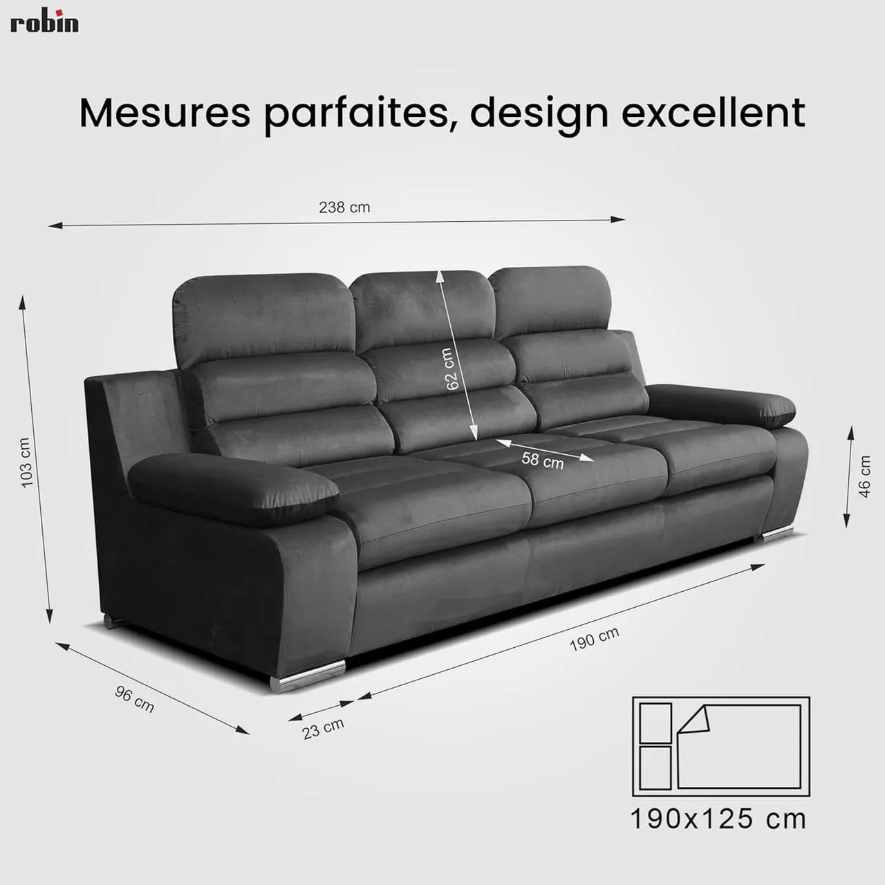 Robin Amber dimensions détaillées 238cm longueur couchage 190x125