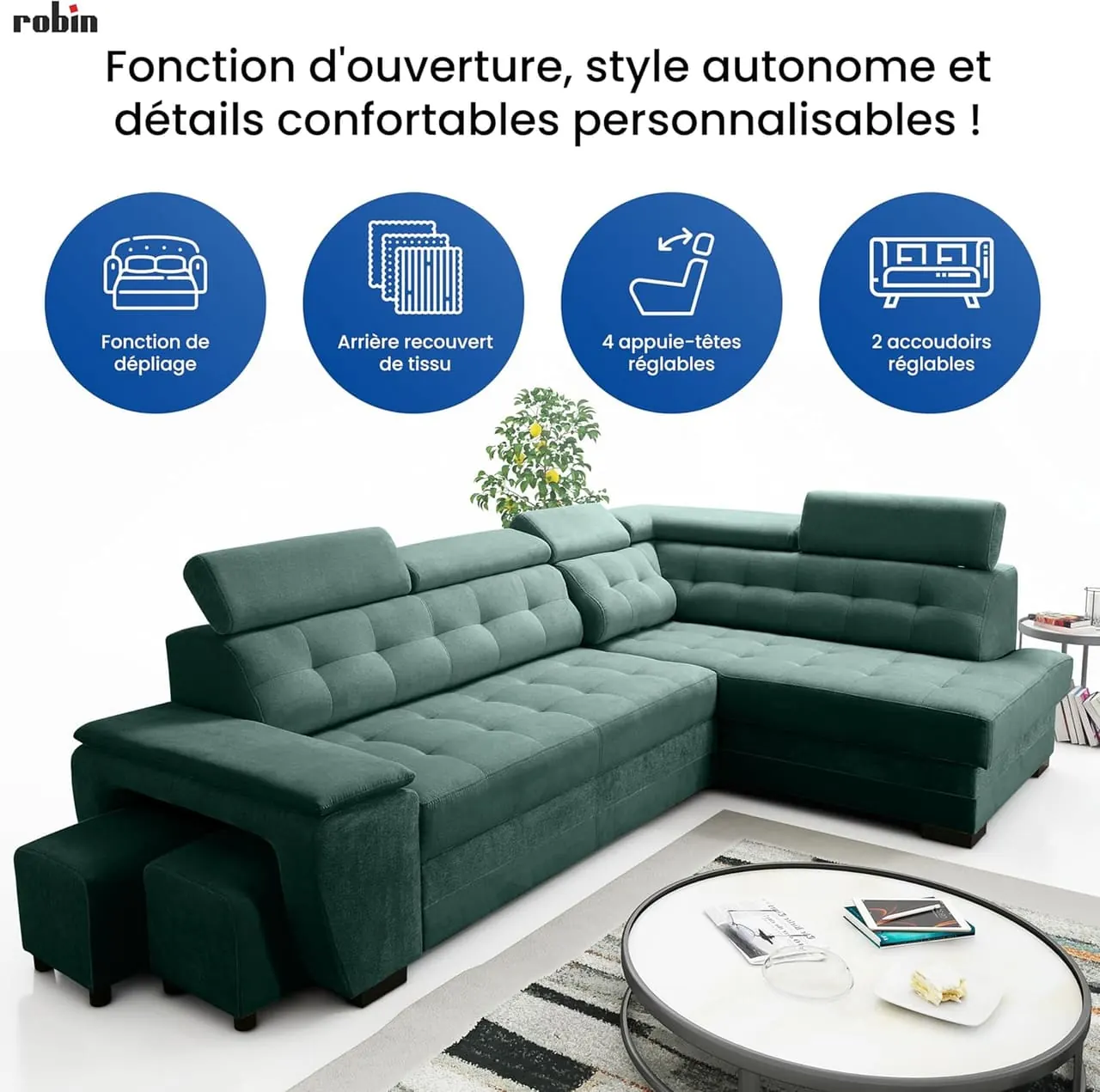 Robin Inspire canapé angle vert foncé dans salon moderne avec plante